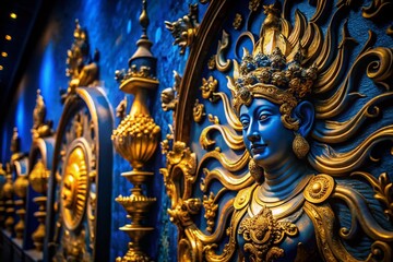Fototapeta premium Grandiose Blue & Gold Art Sculpture Silhouette in Dimly Lit Gallery