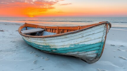 Fototapeta premium Weathered wooden boat on sandy beach at sunset.