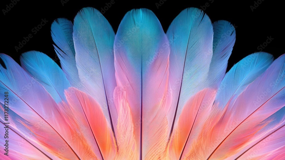 Poster feather abstract background idea. colorful feather pattern showcasing vibrant hues on a dark backgro