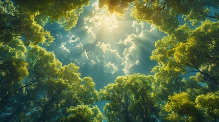 Fototapeta premium Sunlight shining through the canopy of trees in a forest. AI generative. .