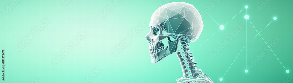 Poster geometric representation of human skull and spine against green background, showcasing sharp pattern
