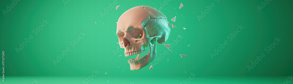 Poster 3d skull model with geometric patterns and sharp fragments, floating against vibrant green backgroun