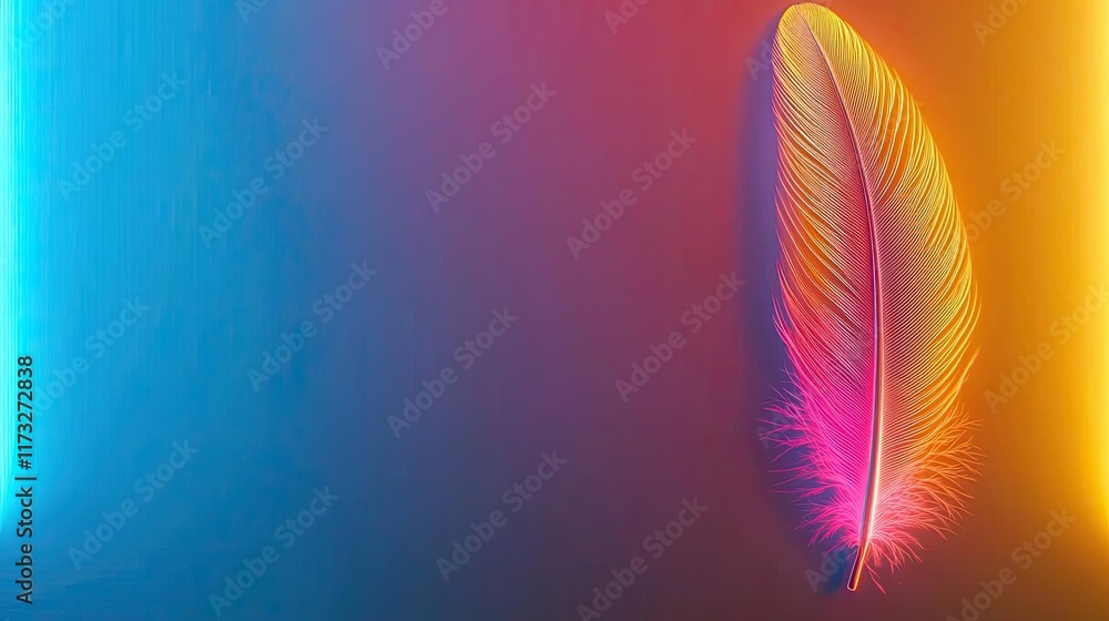 Poster feather abstract background idea. a vibrant feather illuminated with neon colors against a gradient 