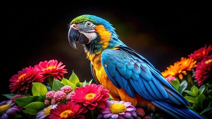 Obraz premium Stunning Blue and Yellow Macaw Perched on Vibrant Flowers at Night
