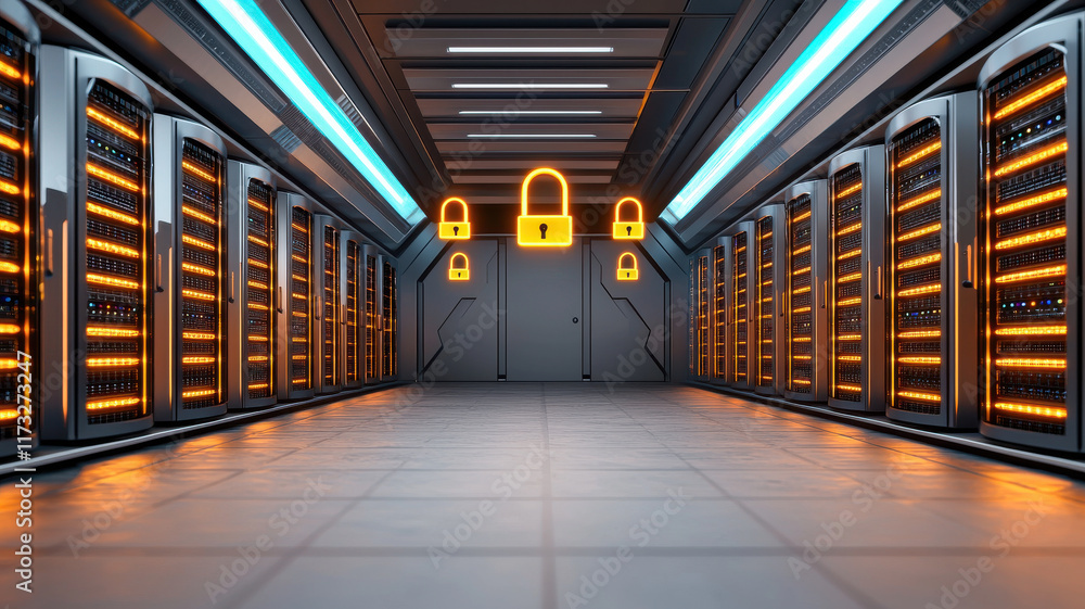 Poster global impact of cybersecurity concept, futuristic server room with glowing locks and advanced techn