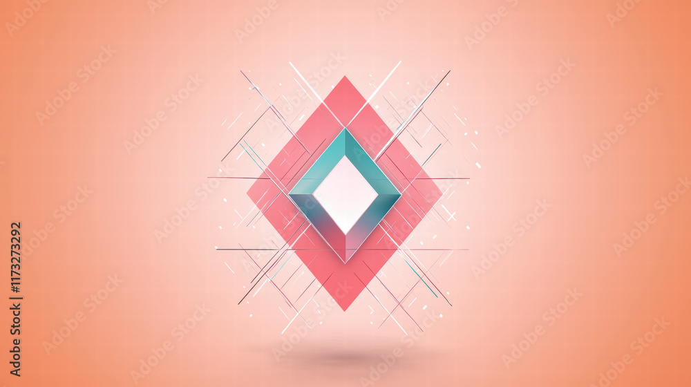 Poster geometric design featuring luminous orange background with central diamond shape composed of red and