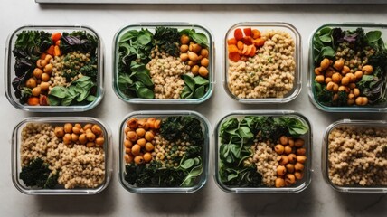 An overhead view of a healthy meal prep setup with neatly arranged glass containers filled with quinoa, grilled vegetables, chickpeas, and leafy greens. Placed on a clean kitchen counter