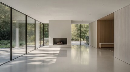 Modern minimalist living room with fireplace, large windows, and wooden wall.