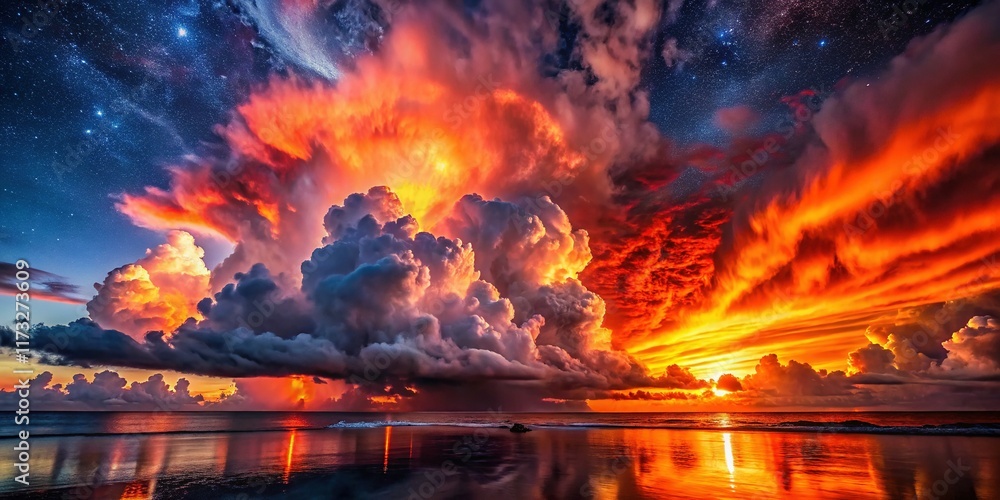 Poster surreal twilight seascape: exploding red & orange clouds, celestial illumination