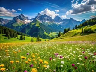 Fototapeta premium Swiss Alps Idyllic Meadow Landscape: Stunning Green Pasture & Majestic Peaks