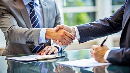 Real estate transaction, Real estate agents and customers shake hands to congratulate after signing a contract to buy a house with land and insurance, handshake and Good response concept