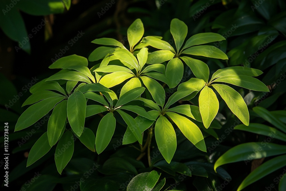 Poster lush green foliage with vibrant leaves illuminated by sunlight, creating a contrast of light and sha