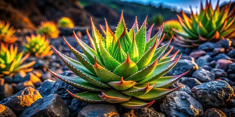 Obraz premium Tenerife Aloe Perfoliata Succulent on Volcanic Rock - Canary Islands Botanical Photography