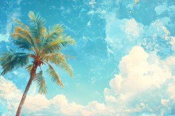 Obraz premium Tropical beach adventure with palm tree and baaf seaside paradise nature photography bright skies relaxing vibes summer bliss