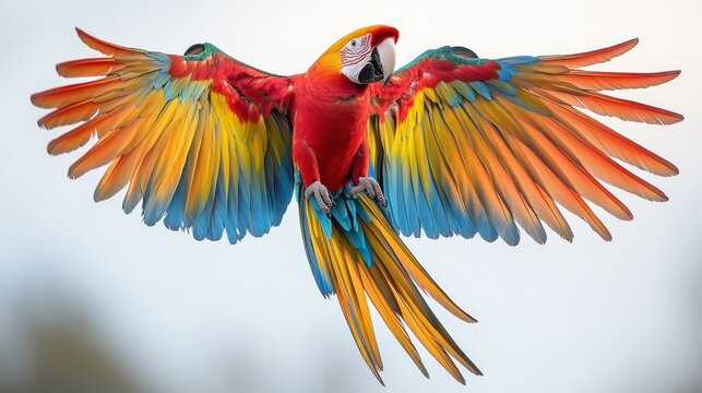 A magnificent macaw soars high in the sky, its vibrant wings fully extended, creating a stunning display of colors against the backdrop of a clear blue sky