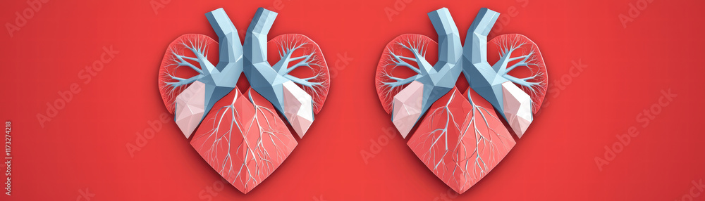 Poster geometric heart valves with sharp and angular shapes on red background, showcasing intricate designs