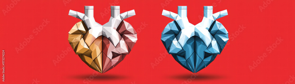 Poster geometric heart designs in contrasting colors, showcasing sharp and angular shapes. artwork features