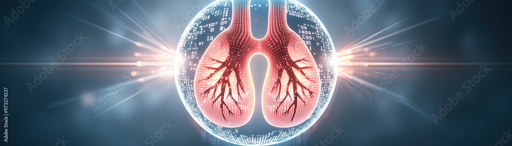 Poster digital lungs with intricate branching patterns, glowing in high tech sphere, symbolize health and i