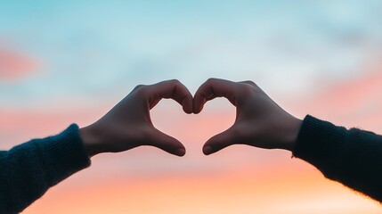 Silhouetted hands forming heart shape against sunset sky,symbol of love and connection