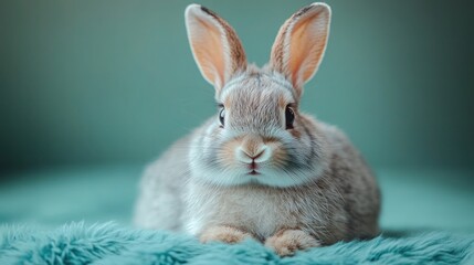 Obraz premium Adorable fluffy bunny rabbit resting on teal fur.
