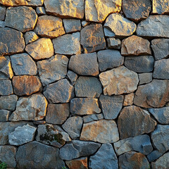 Obraz premium Sunset illuminates textured stone retaining wall with grass at base