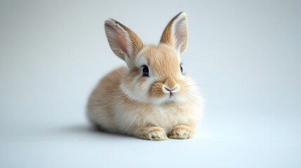 Adorable fluffy light brown bunny rabbit sitting on a white background.