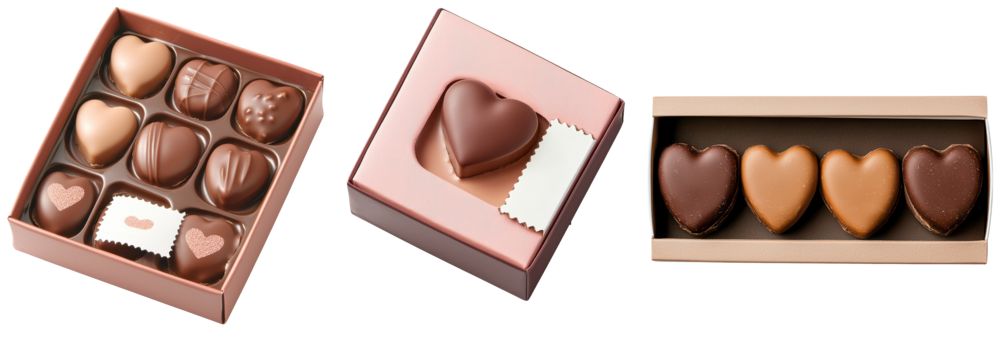 A collection of assorted heart-shaped chocolates arranged in elegant boxes, featuring a variety of flavors and finishes.