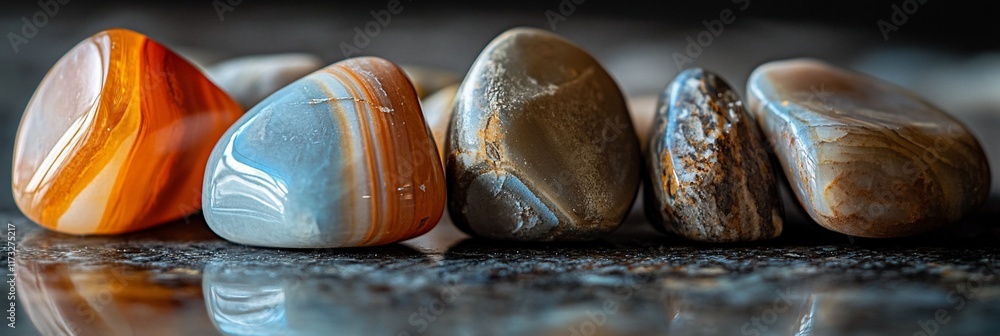 Poster close-up of polished agate stones with colorful bands, showcasing their texture and reflection on a 