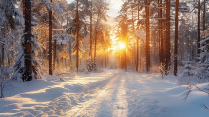 Naklejka premium Snowy forest path illuminated by golden sunlight. AI generative. .