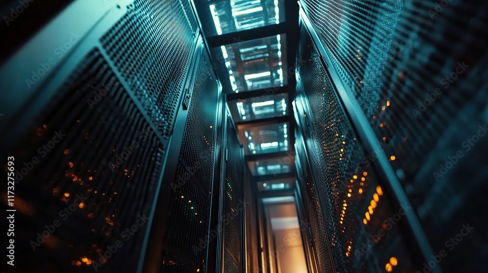 Poster close-up view of high-tech computer server in data center environment