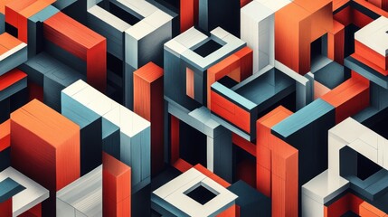 Abstract Geometric Composition: Interlocking Cubes and Rectangular Forms in Shades of Orange, Gray, and White
