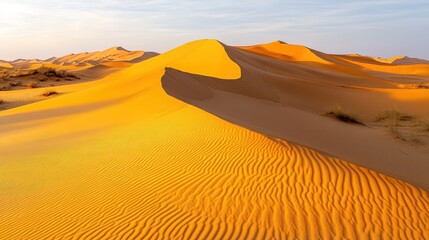 Minimalist landscape of golden sand dunes with rippling textures under soft sunlight, capturing the serene beauty of nature in a vast desert