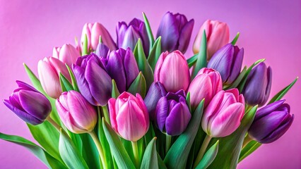 Obraz premium Vibrant Purple Tulip Bouquet on Pink Background - Spring Flowers