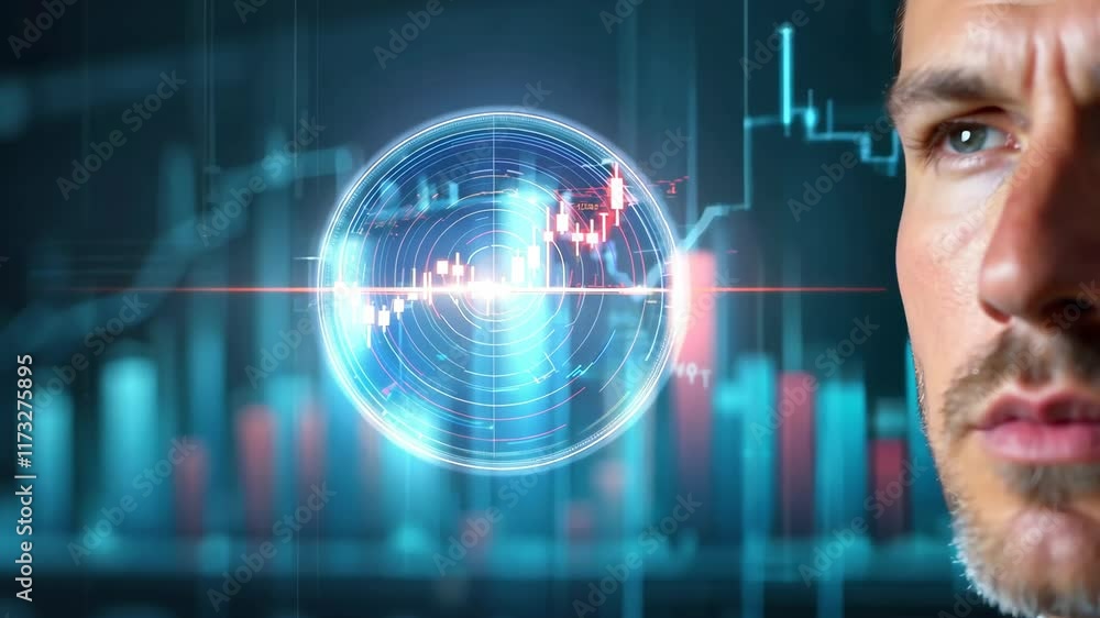 Aufkleber professional man analyzing data trends in a futuristic digital environment with interactive graphics
