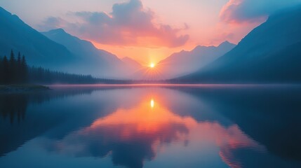 Fototapeta premium A breathtaking sunset casts vibrant colors over an alpine lake, which mirrors the majestic mountain peaks. This creates a truly serene and picturesque landscape