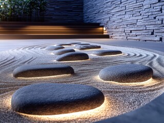 Experience tranquility in a minimalist zen garden with smooth stones and gentle sand patterns in a serene outdoor space illuminated by soft lighting