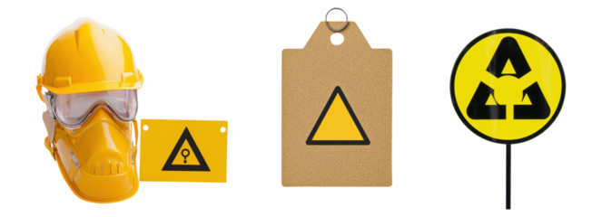Safety equipment featuring a yellow hard hat, warning signs, and a radiation symbol, highlighting safety precautions in hazardous environments.