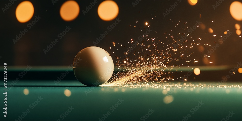 Poster white billiard ball rolling on a green pool table with sparkling light trail.