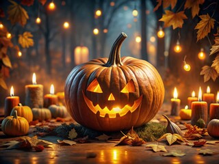 Halloween Jack-o'-Lantern on Pumpkin Background - Festive Autumn Stock Photo