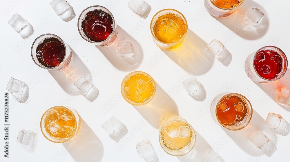 Aufkleber overhead view of various iced drinks in glasses with ice cubes scattered on a white background.
