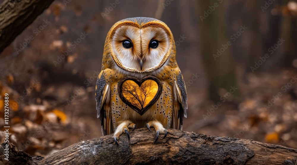 Poster barn owl with heart-shaped tree inside, perched on a branch in autumn forest.