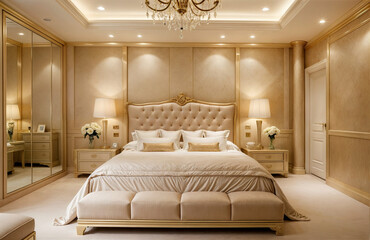 Close-up of a bed in a bedroom with a chandelier	
