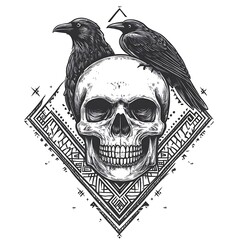 Fototapeta premium Two ravens perched on a skull with geometric pattern.