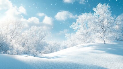 Obraz premium A serene winter scene unfolds before us, showcasing branches heavy with fresh snow, all set against a backdrop of a vibrant blue sky dotted with fluffy white clouds