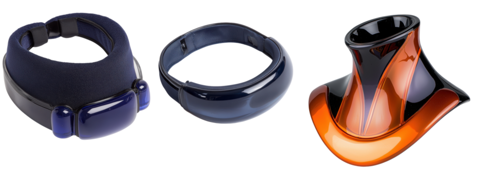 A collection of three stylish wearable accessories, showcasing unique shapes and vibrant colors.