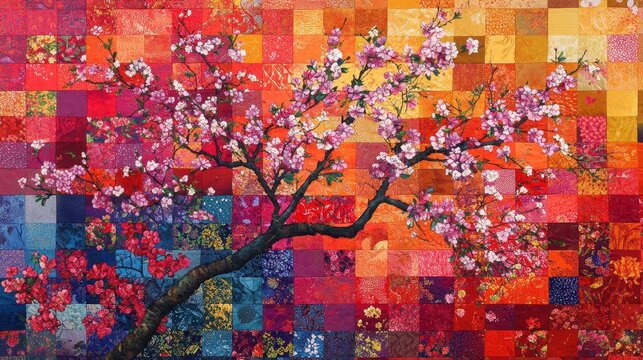 Top Down View of a Vibrant Patchwork Quilt with Floral Patterns