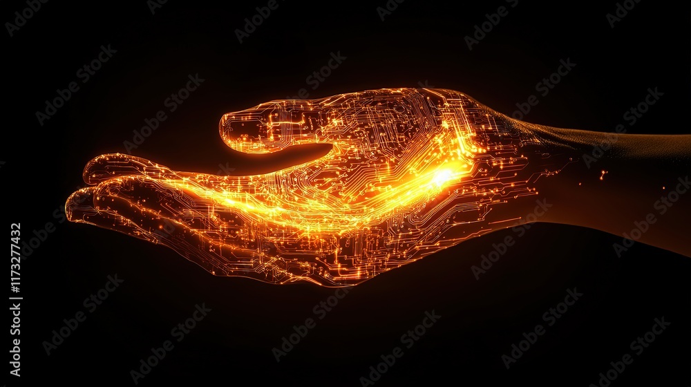 Poster hand holding a glowing light bulb with circuit patterns, isolated on a dark background. concept of i
