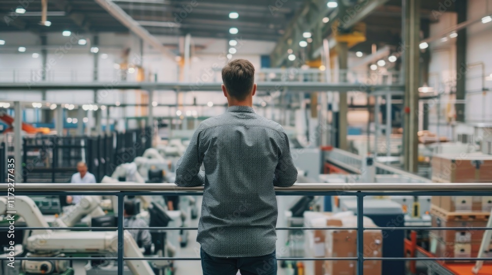 Poster man overlooking a large factory floor with robotic machinery and workers.
