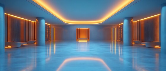 Modern, illuminated interior space with blue and orange lighting.