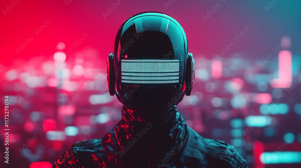 Poster minimalist agent operating through neon-accented digital interfaces in futuristic cityscape